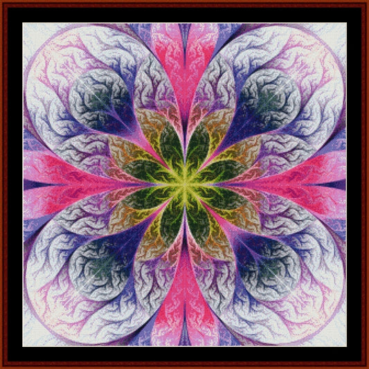 Colorful mandala Counted Cross Stitch Pattern by Cross Stitch Collectibles with pink, purple, green, and blue colors.