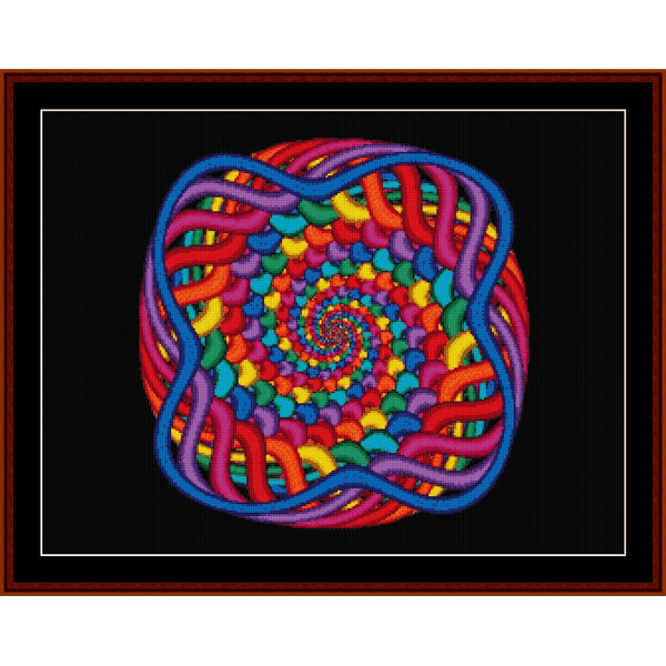 Colorful spiral Counted Cross Stitch Pattern by Cross Stitch Collectibles on a black background