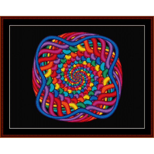 Colorful spiral Counted Cross Stitch Pattern by Cross Stitch Collectibles on a black background