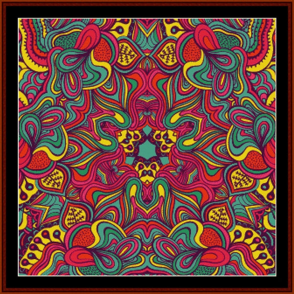 Colorful abstract Counted Cross Stitch Pattern by Cross Stitch Collectibles with a star-like center on a red background
