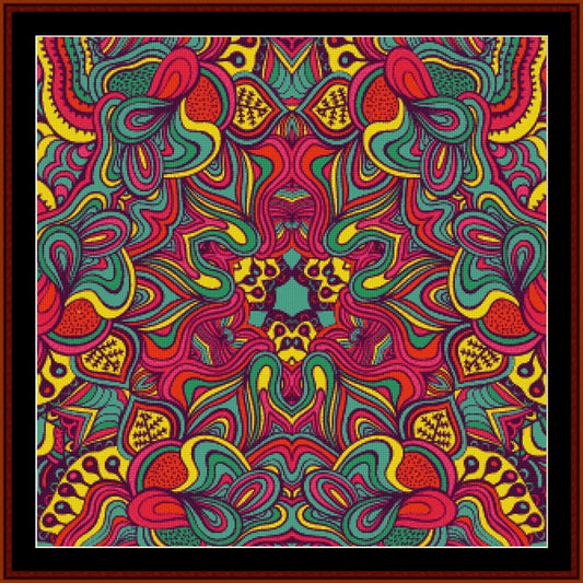 Colorful abstract Counted Cross Stitch Pattern by Cross Stitch Collectibles with a star-like center on a red background
