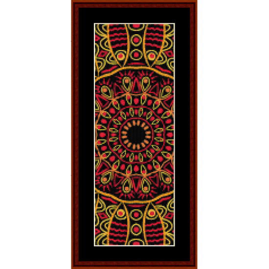 Counted Cross Stitch Pattern by Cross Stitch Collectibles with a red and gold geometric pattern on a black background