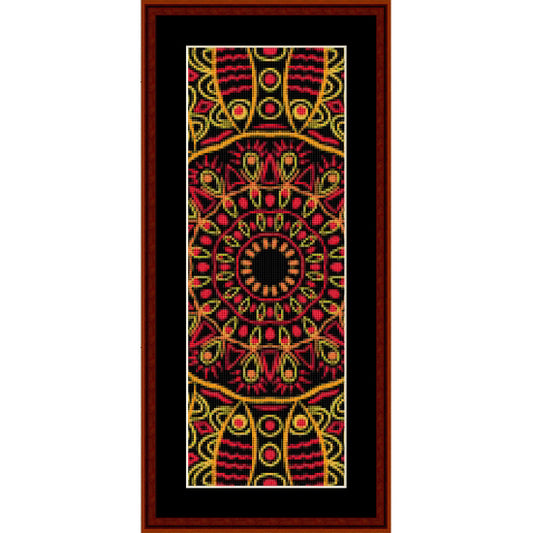Counted Cross Stitch Pattern by Cross Stitch Collectibles with a red and gold geometric pattern on a black background