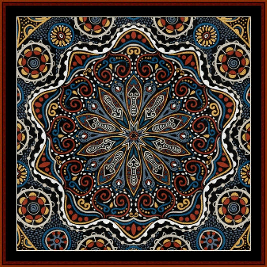 Decorative mandala with intricate patterns in blue, red, and gold - Counted Cross Stitch Pattern by Cross Stitch Collectibles