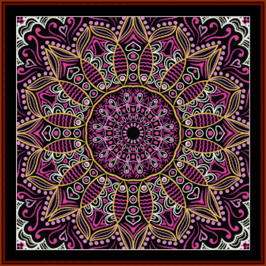 Decorative mandala Counted Cross Stitch Pattern by Cross Stitch Collectibles with pink, yellow, and white patterns
