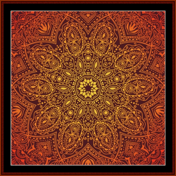 mandala Counted Cross Stitch Pattern by Cross Stitch Collectibles with intricate patterns in red and yellow