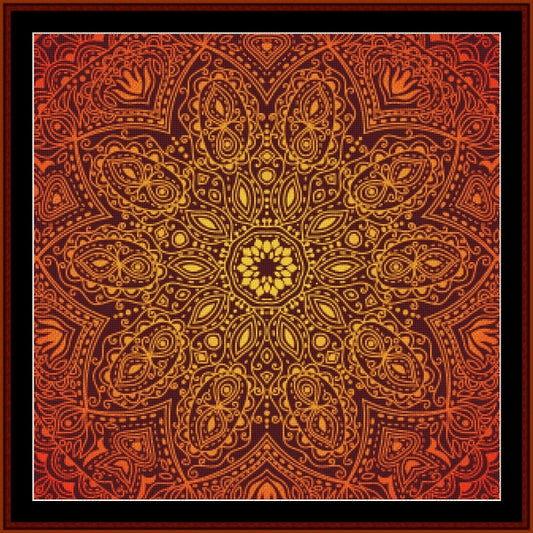 mandala Counted Cross Stitch Pattern by Cross Stitch Collectibles with intricate patterns in red and yellow