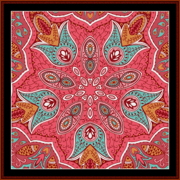 Colorful paisley Counted Cross Stitch Pattern by Cross Stitch Collectibles on a pink background