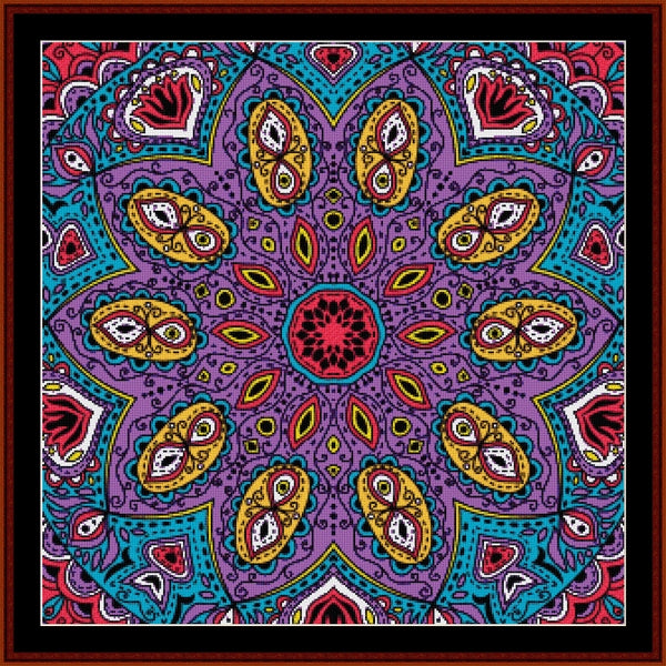 Colorful paisley Counted Cross Stitch Pattern by Cross Stitch Collectibles on a purple background