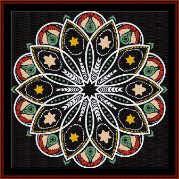 Decorative mandala Counted Cross Stitch Pattern by Cross Stitch Collectibles with colorful patterns on a black background