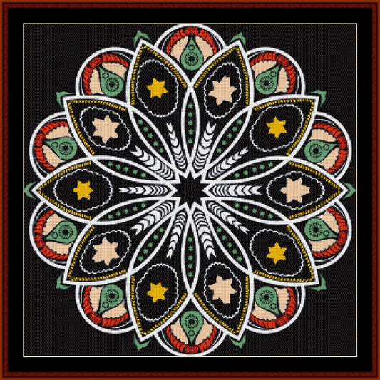Decorative mandala Counted Cross Stitch Pattern by Cross Stitch Collectibles with colorful patterns on a black background