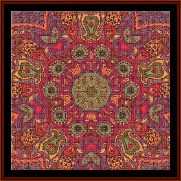Colorful mandala Counted Cross Stitch Pattern by Cross Stitch Collectibles with a central mandala-like figure on a red background.