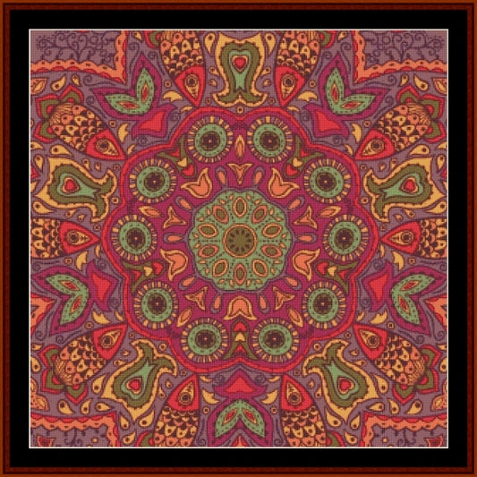 Colorful mandala Counted Cross Stitch Pattern by Cross Stitch Collectibles with a central mandala-like figure on a red background.