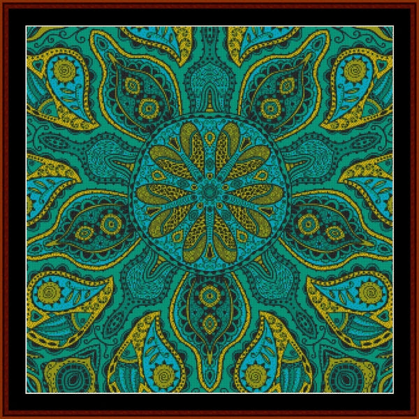 Mandala Counted Cross Stitch Pattern by Cross Stitch Collectibles with teal and gold colors