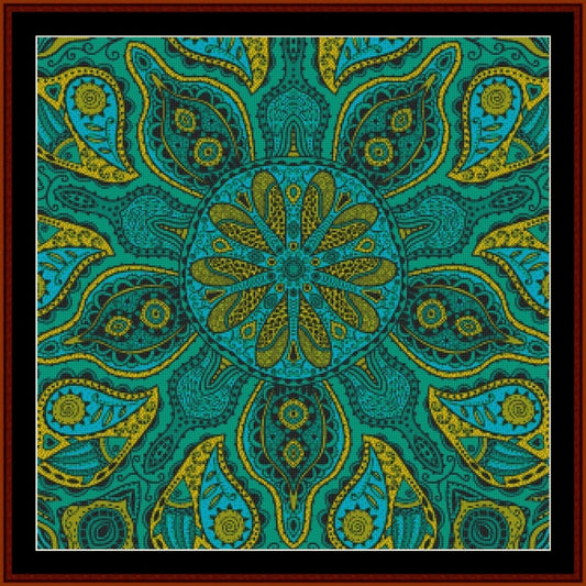 Mandala Counted Cross Stitch Pattern by Cross Stitch Collectibles with teal and gold colors