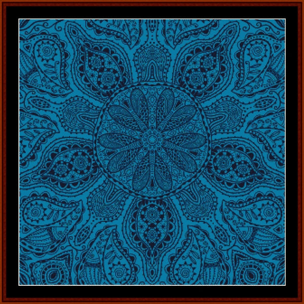 Blue paisley mandala Counted Cross Stitch Pattern by Cross Stitch Collectibles on a blue background