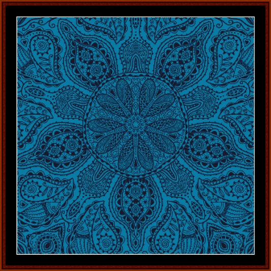 Blue paisley mandala Counted Cross Stitch Pattern by Cross Stitch Collectibles on a blue background