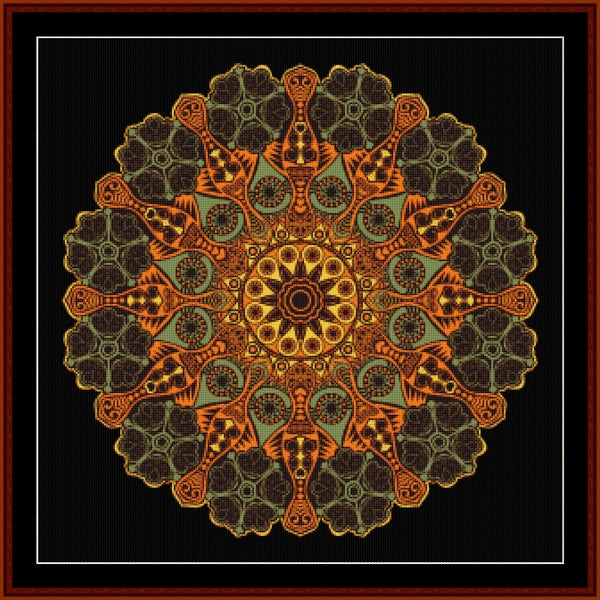 Decorative mandala Counted Cross Stitch Pattern by Cross Stitch Collectibles with intricate patterns in orange, green, and brown on a black background.