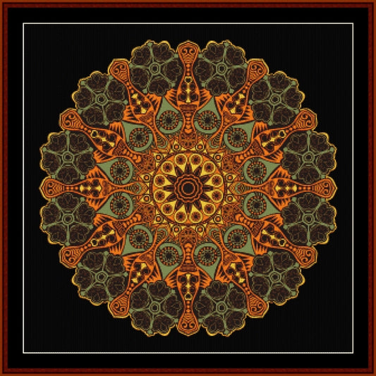 Decorative mandala Counted Cross Stitch Pattern by Cross Stitch Collectibles with intricate patterns in orange, green, and brown on a black background.
