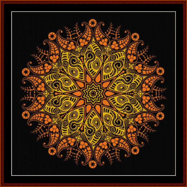 Decorative mandala Counted Cross Stitch Pattern by Cross Stitch Collectibles with orange and yellow patterns on a black background