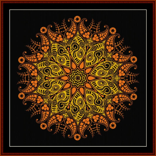 Decorative mandala Counted Cross Stitch Pattern by Cross Stitch Collectibles with orange and yellow patterns on a black background