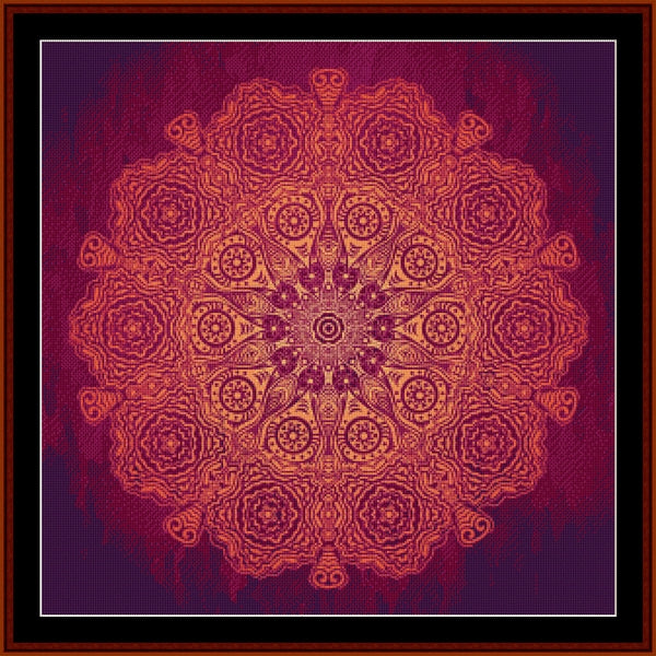Decorative mandala Counted Cross Stitch Pattern by Cross Stitch Collectibles on a purple background 