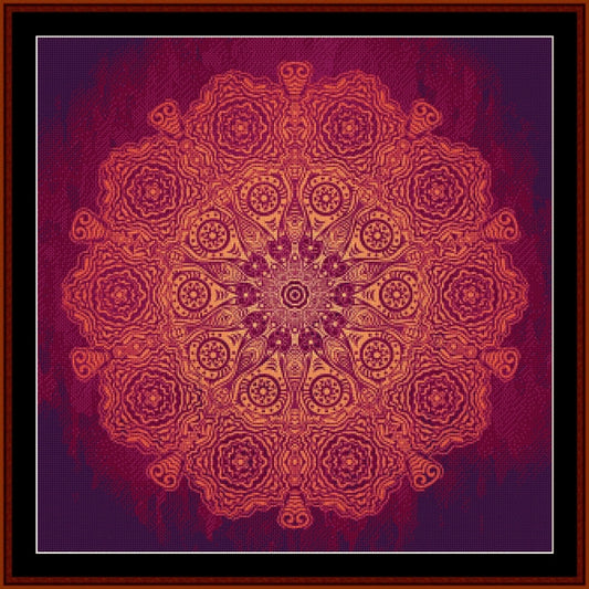 Decorative mandala Counted Cross Stitch Pattern by Cross Stitch Collectibles on a purple background 