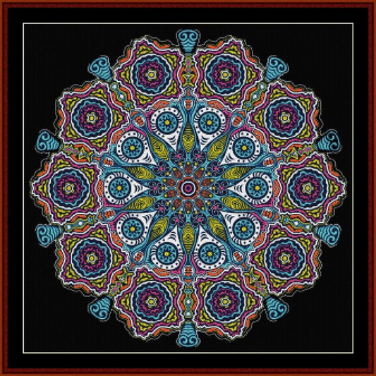 Colorful mandala Counted Cross Stitch Pattern by Cross Stitch Collectibles on a black background