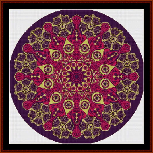 Mandala Counted Cross Stitch Pattern by Cross Stitch Collectibles with red and gold patterns on a purple background