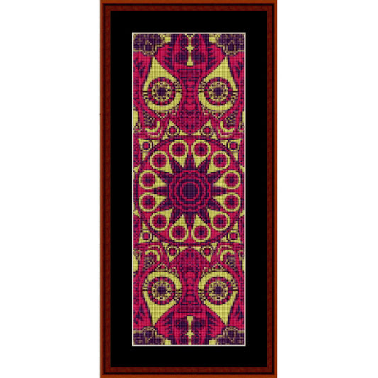Counted Cross Stitch Pattern by Cross Stitch Collectibles with a geometric pattern in red, yellow, and purple on a black background.