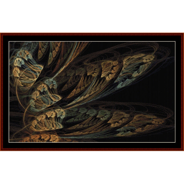 Abstract fractal Counted Cross Stitch Pattern by Cross Stitch Collectibles with swirling patterns in brown and green on a black background