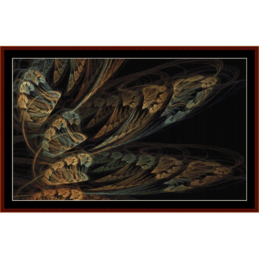 Abstract fractal Counted Cross Stitch Pattern by Cross Stitch Collectibles with swirling patterns in brown and green on a black background