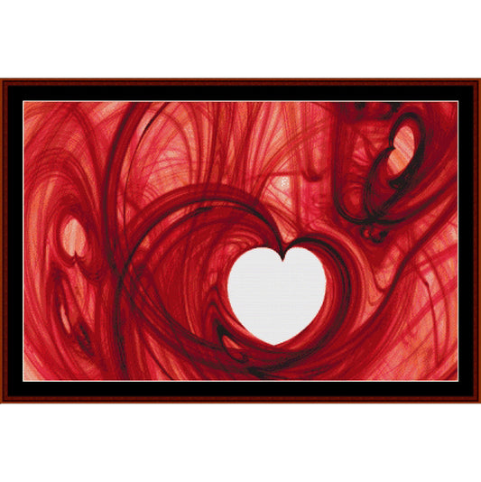 Abstract Counted Cross Stitch Pattern by Cross Stitch Collectibles with a white heart in the center on a red swirling background