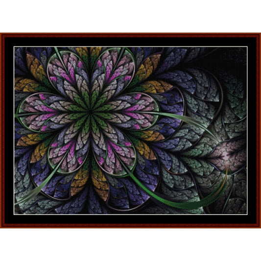 Colorful abstract floral Counted Cross Stitch Pattern by Cross Stitch Collectibles with a dark background