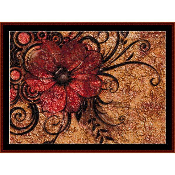 Counted Cross Stitch Pattern by Cross Stitch Collectibles with a red floral design on a textured brown background