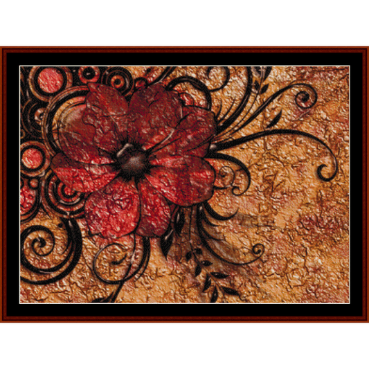 Counted Cross Stitch Pattern by Cross Stitch Collectibles with a red floral design on a textured brown background
