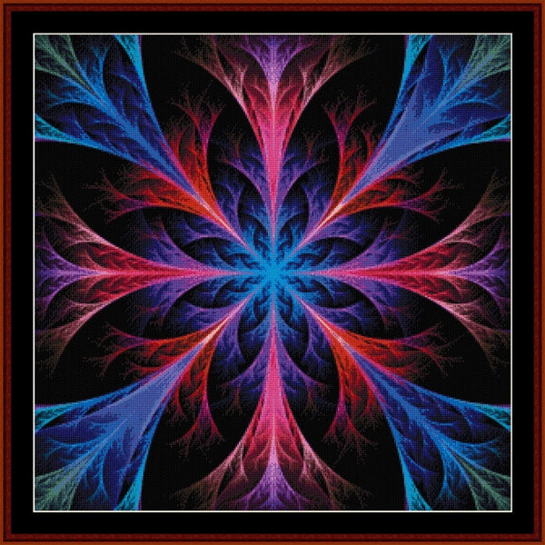 Colorful abstract fractal Counted Cross Stitch Pattern by Cross Stitch Collectibles with blue and red patterns on a black background