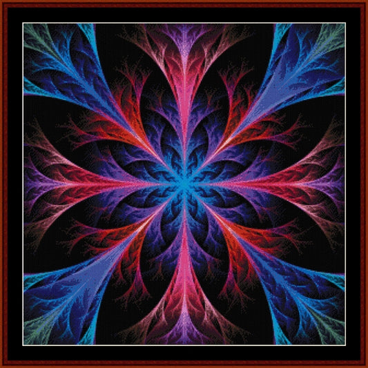Colorful abstract fractal Counted Cross Stitch Pattern by Cross Stitch Collectibles with blue and red patterns on a black background