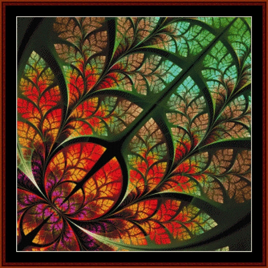Colorful abstract Counted Cross Stitch Pattern by Cross Stitch Collectibles with leaf patterns on a black background