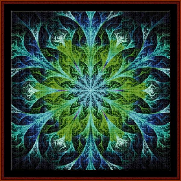 Fractal Counted Cross Stitch Pattern by Cross Stitch Collectibles with green and blue colors in a circular pattern.