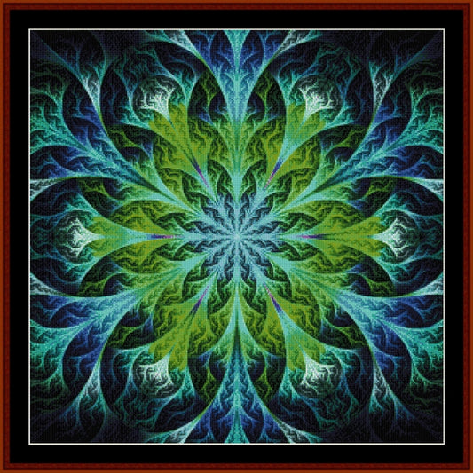 Fractal Counted Cross Stitch Pattern by Cross Stitch Collectibles with green and blue colors in a circular pattern.