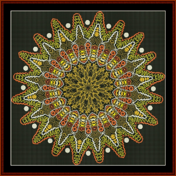 Decorative mandala Counted Cross Stitch Pattern by Cross Stitch Collectibles with concentric circles in green, orange, and yellow on a black background.