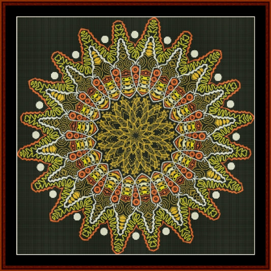 Decorative mandala Counted Cross Stitch Pattern by Cross Stitch Collectibles with concentric circles in green, orange, and yellow on a black background.