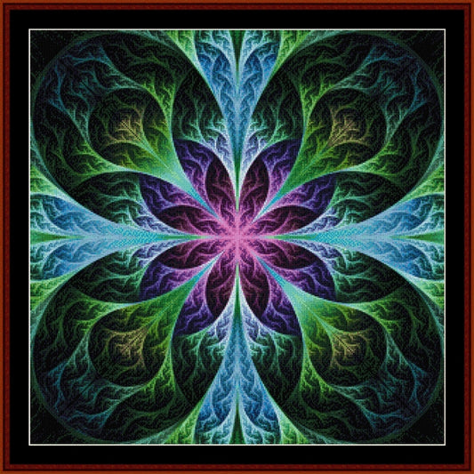 Colorful fractal Counted Cross Stitch Pattern by Cross Stitch Collectibles with a star-like pattern in green, blue, and purple.