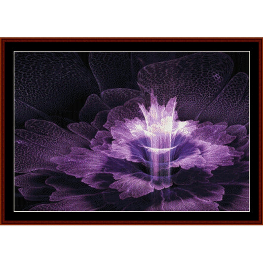 Counted Cross Stitch Pattern by Cross Stitch Collectibles of a purple flower with a black background
