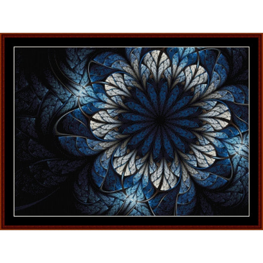 Counted Cross Stitch Pattern by Cross Stitch Collectibles of a blue and white abstract design on a dark background