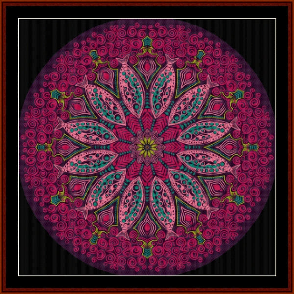 Colorful mandala Counted Cross Stitch Pattern by Cross Stitch Collectibles on a dark background