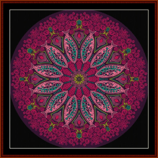 Colorful mandala Counted Cross Stitch Pattern by Cross Stitch Collectibles on a dark background