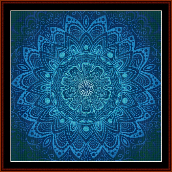 Blue mandala Counted Cross Stitch Pattern by Cross Stitch Collectibles on a dark background