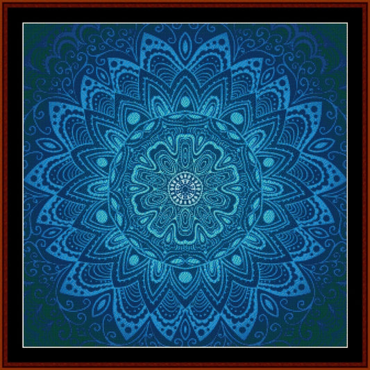 Blue mandala Counted Cross Stitch Pattern by Cross Stitch Collectibles on a dark background